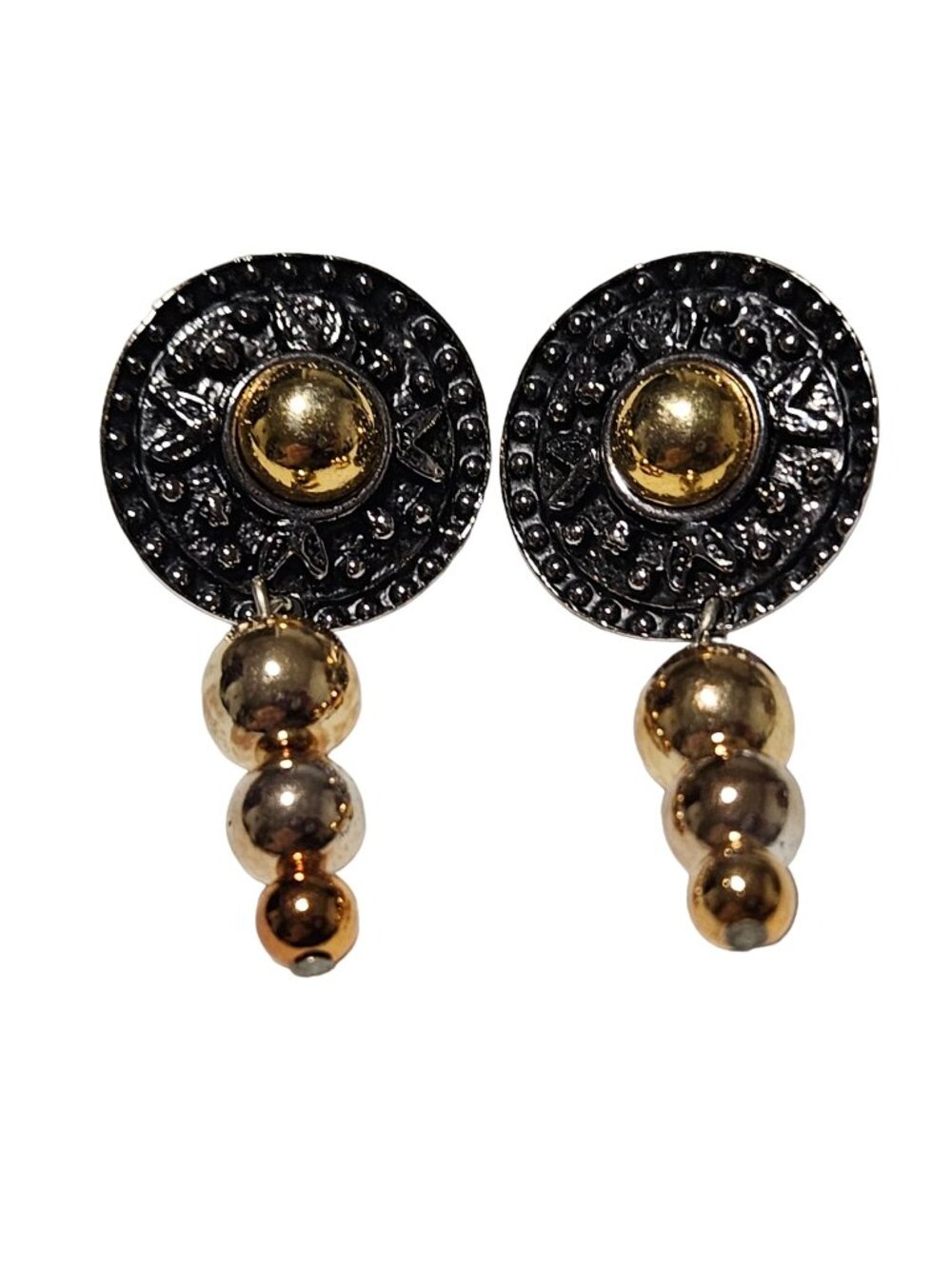 Vintage Textured Medallion Dangle Earrings Black Gold Tone Graduated Bead Drops